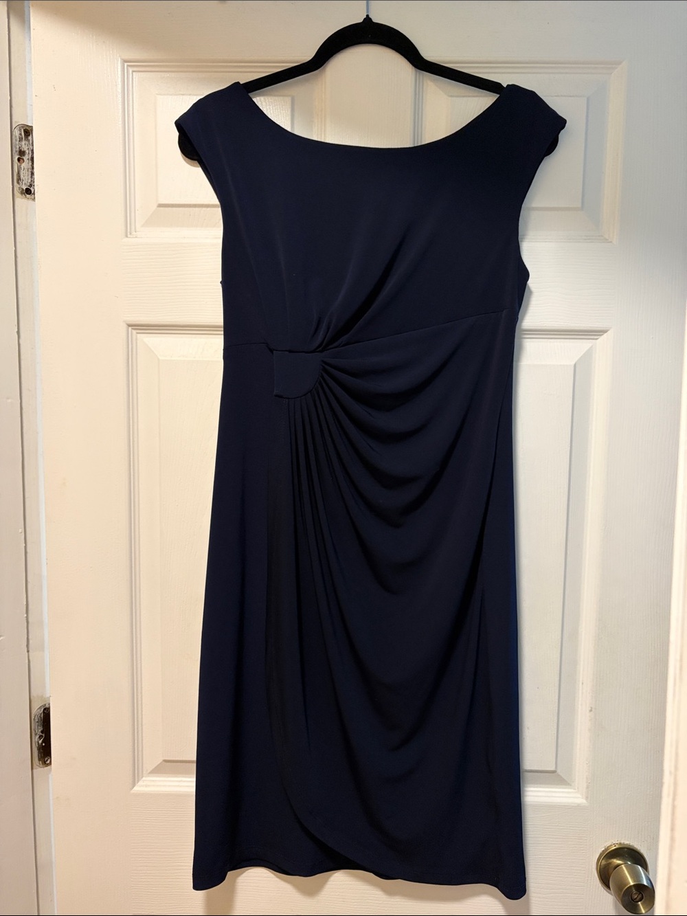Navy Cap-Sleeve Draped Women's Sheath Dress